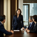 A woman leader speaking confidently in a boardroom